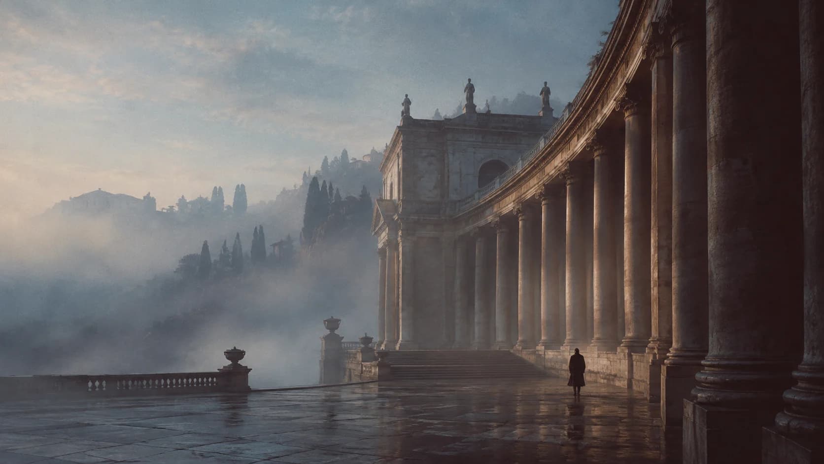 An original image of a misty classical colonnade at dawn