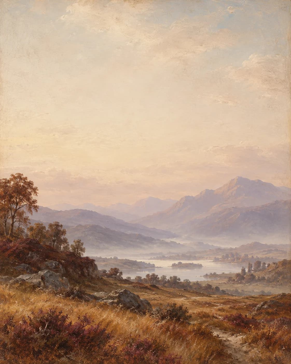 Original painted landscape in parchment, ochre and muted blue