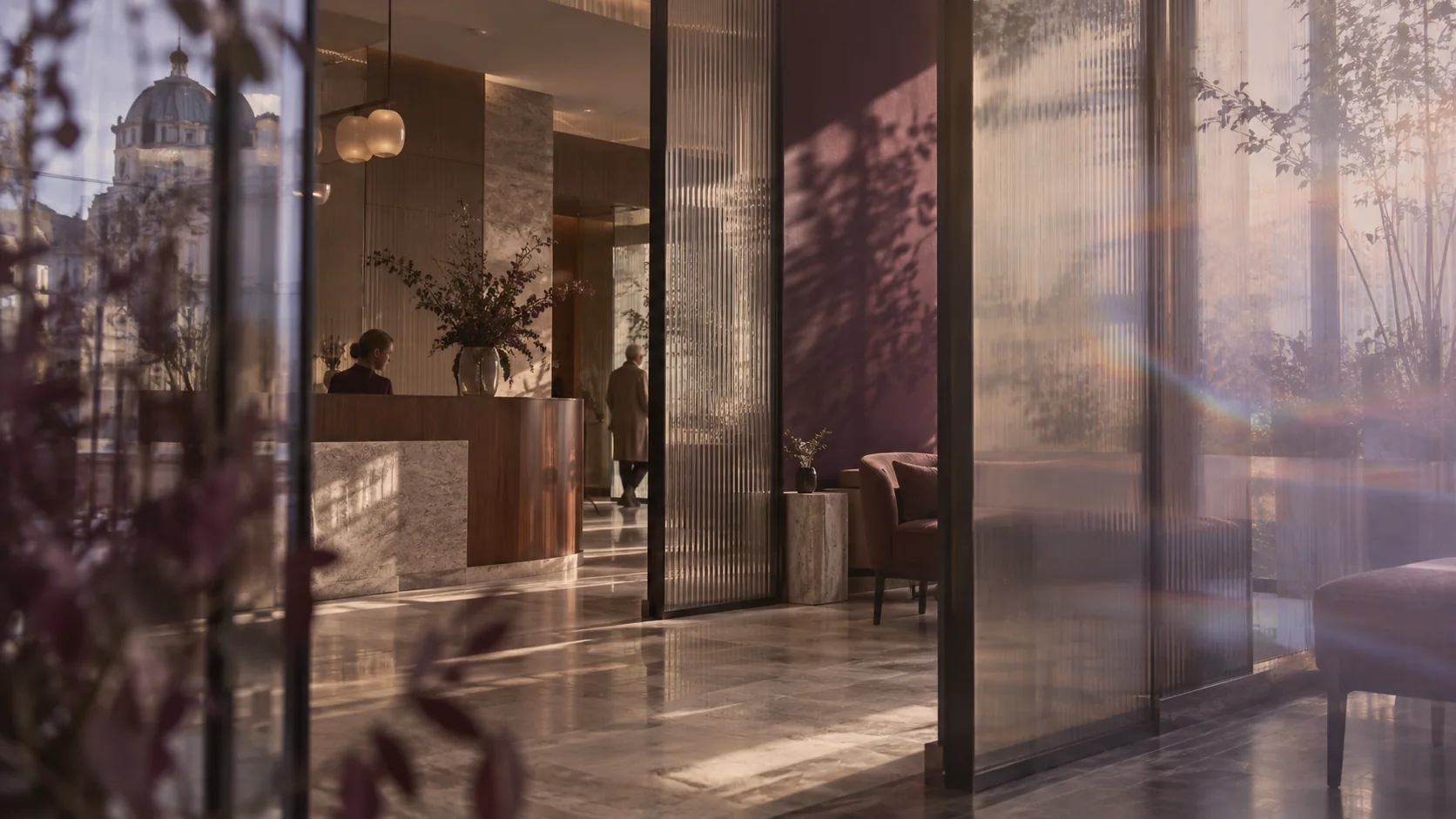 Illustrative Kalyva clinic interior viewed through layered glass