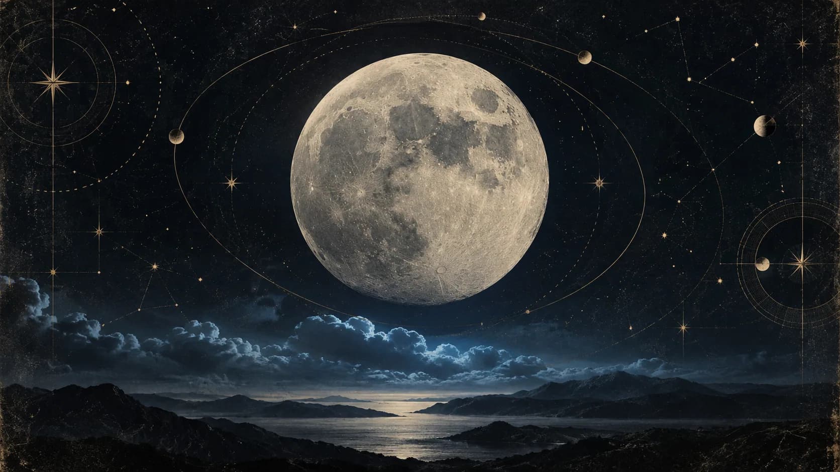 Gold moon atlas and orbital paths on deep blue
