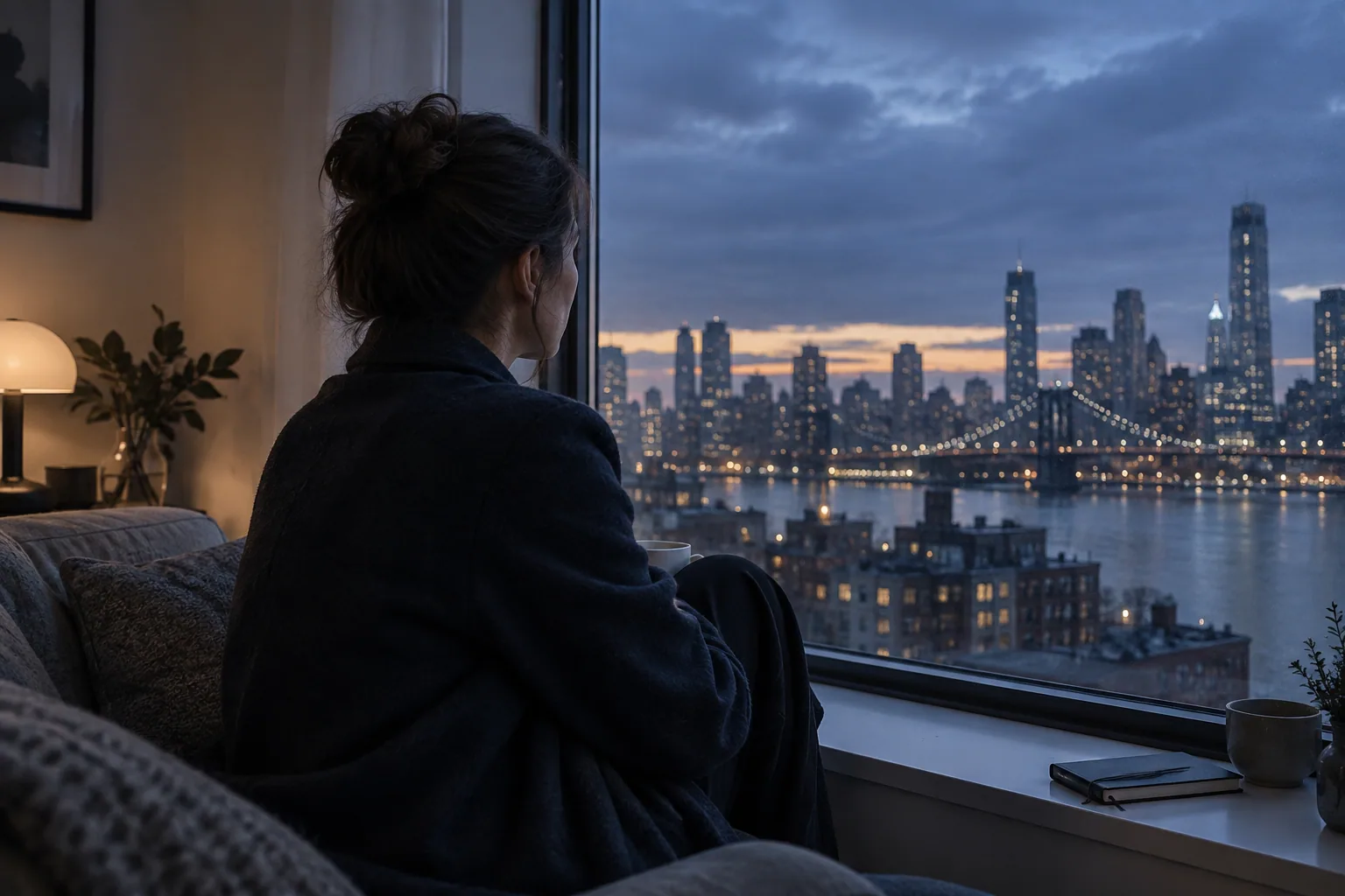 A woman looking out of a window at blue hour while holding her phone