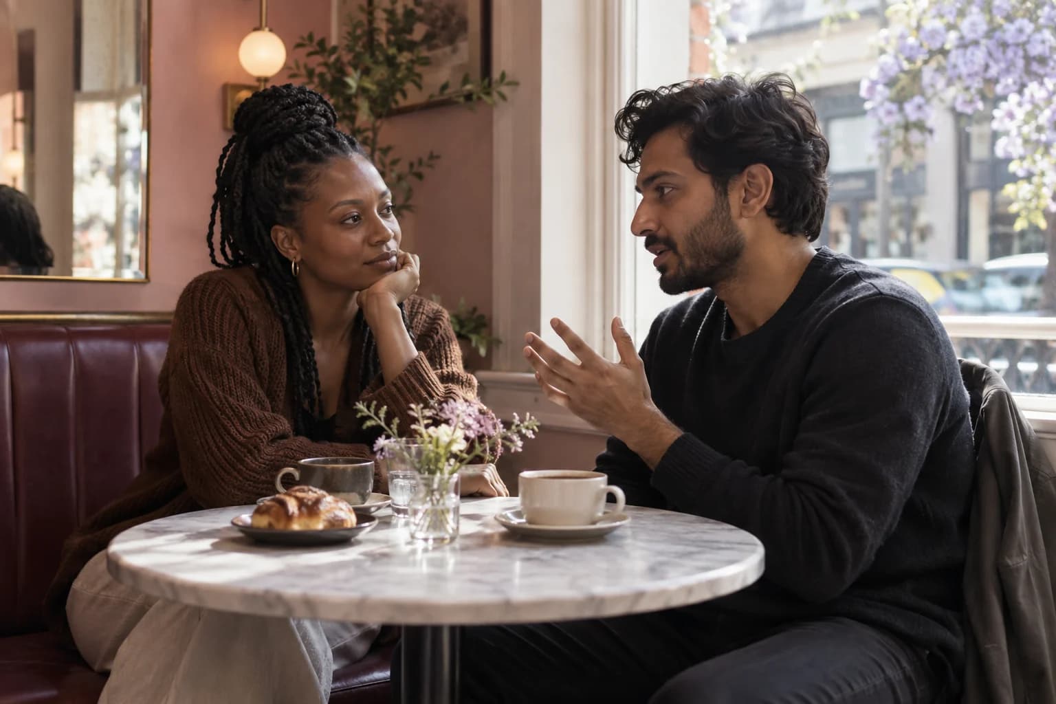 Two people listening to one another across a cafe table