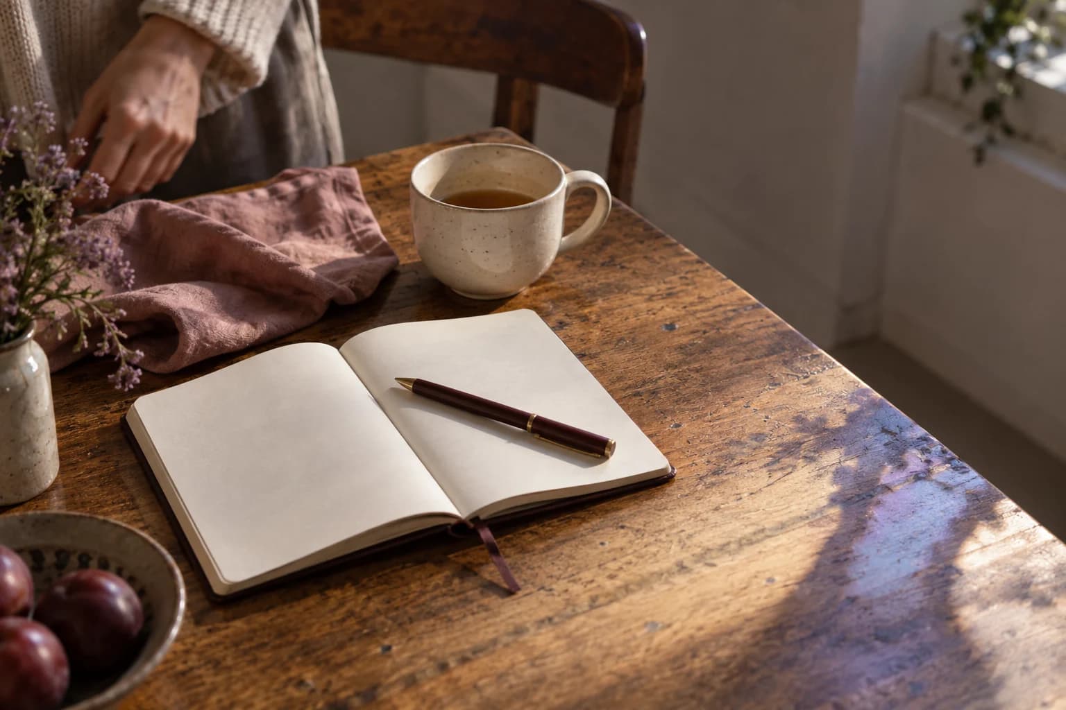 An open blank notebook and pen on a wooden table