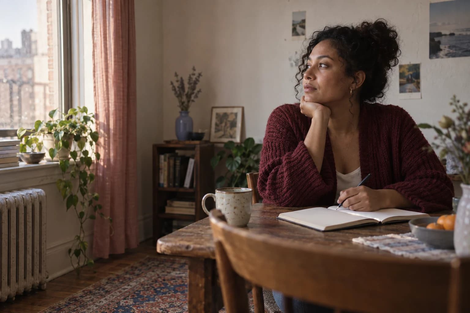 A person pausing over a journal beside a window
