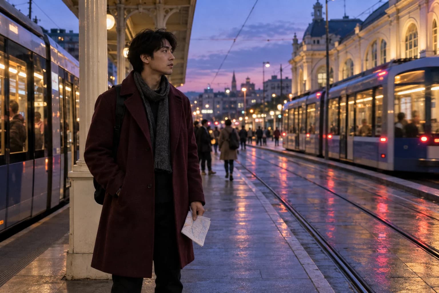 A commuter considering a choice at a tram stop at dusk
