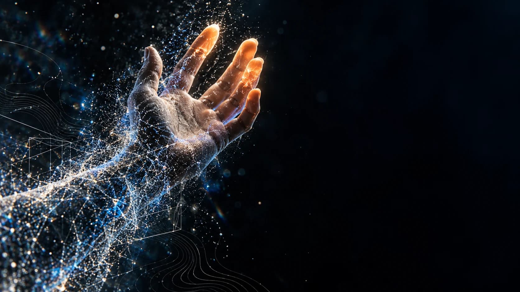 A human hand formed from luminous particles and wire filaments