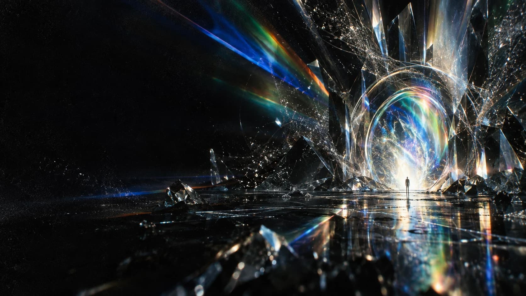 A human silhouette at a luminous portal surrounded by fractured iridescent glass
