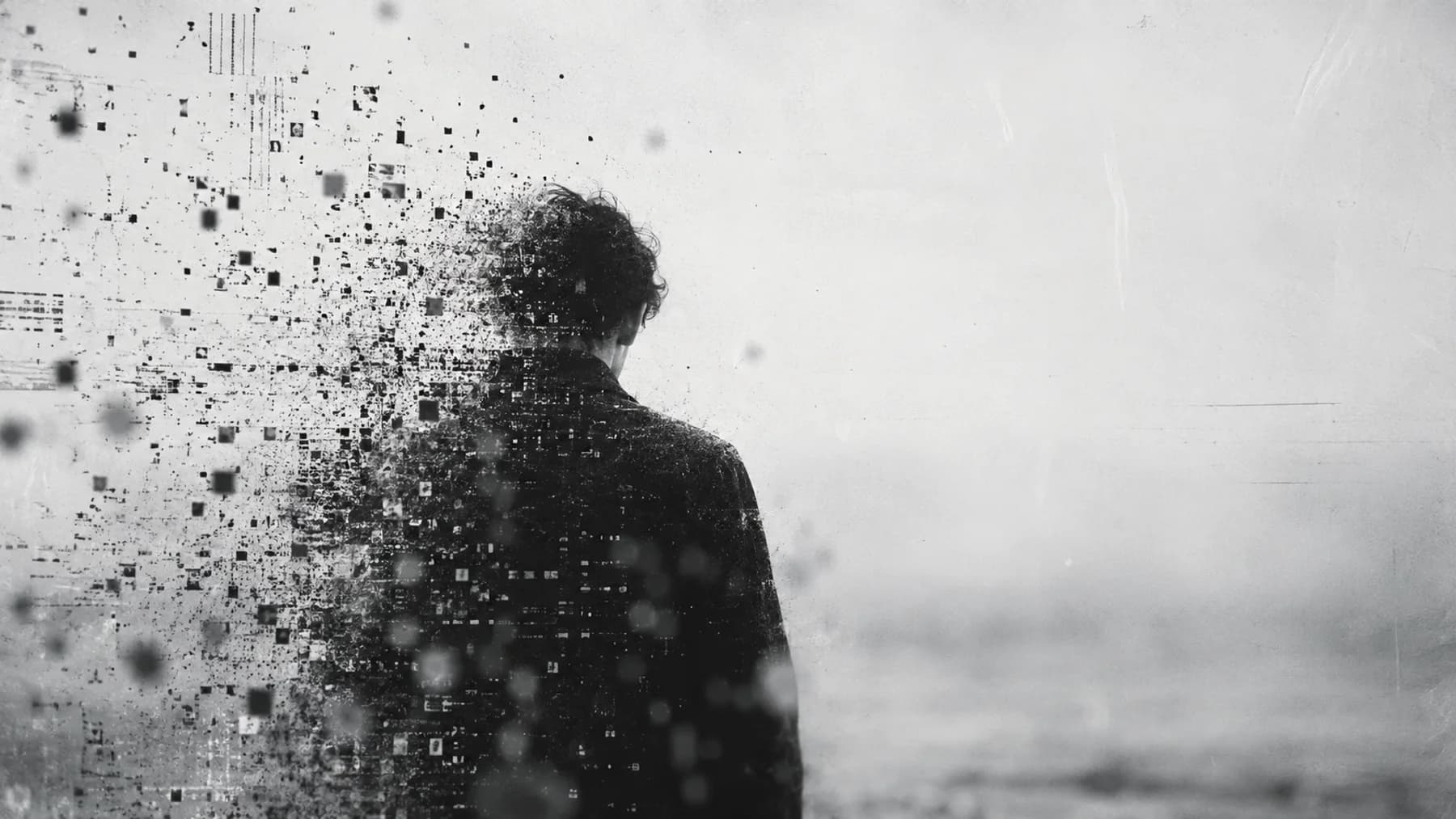Human silhouette dissolving into fragments of information against a pale analog field