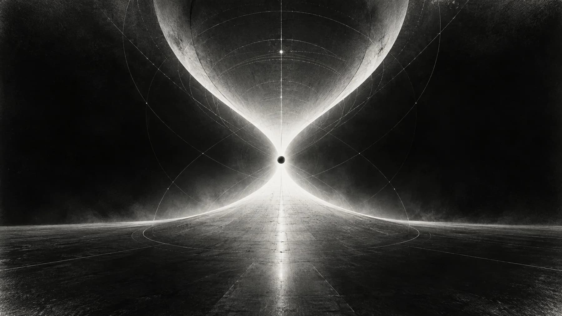 Monochrome optical threshold with orbit lines converging on a dark focal point