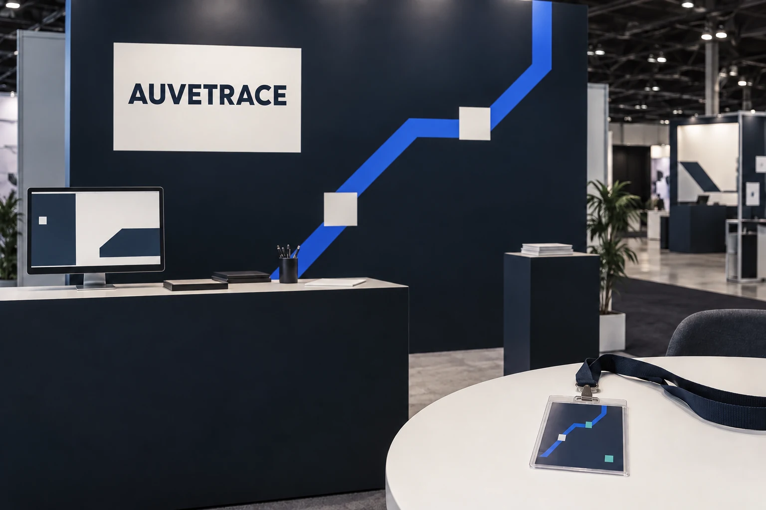 Generated concept photograph of an Auvetrace conference booth and badge