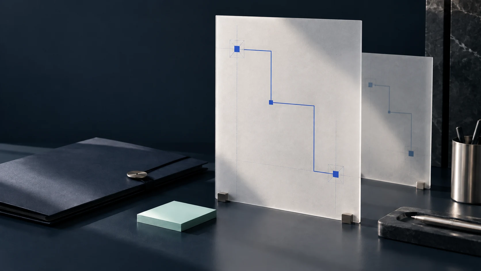 Concept photograph of translucent panels carrying an angular blue trace