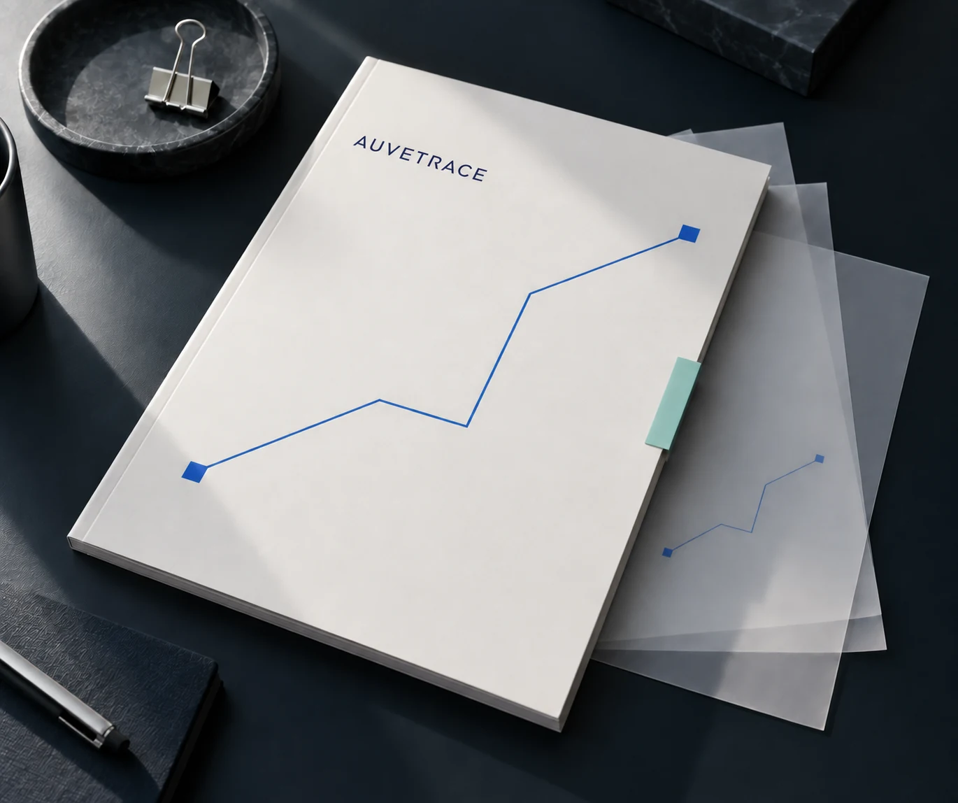Generated concept photograph of an Auvetrace report cover and translucent sheets